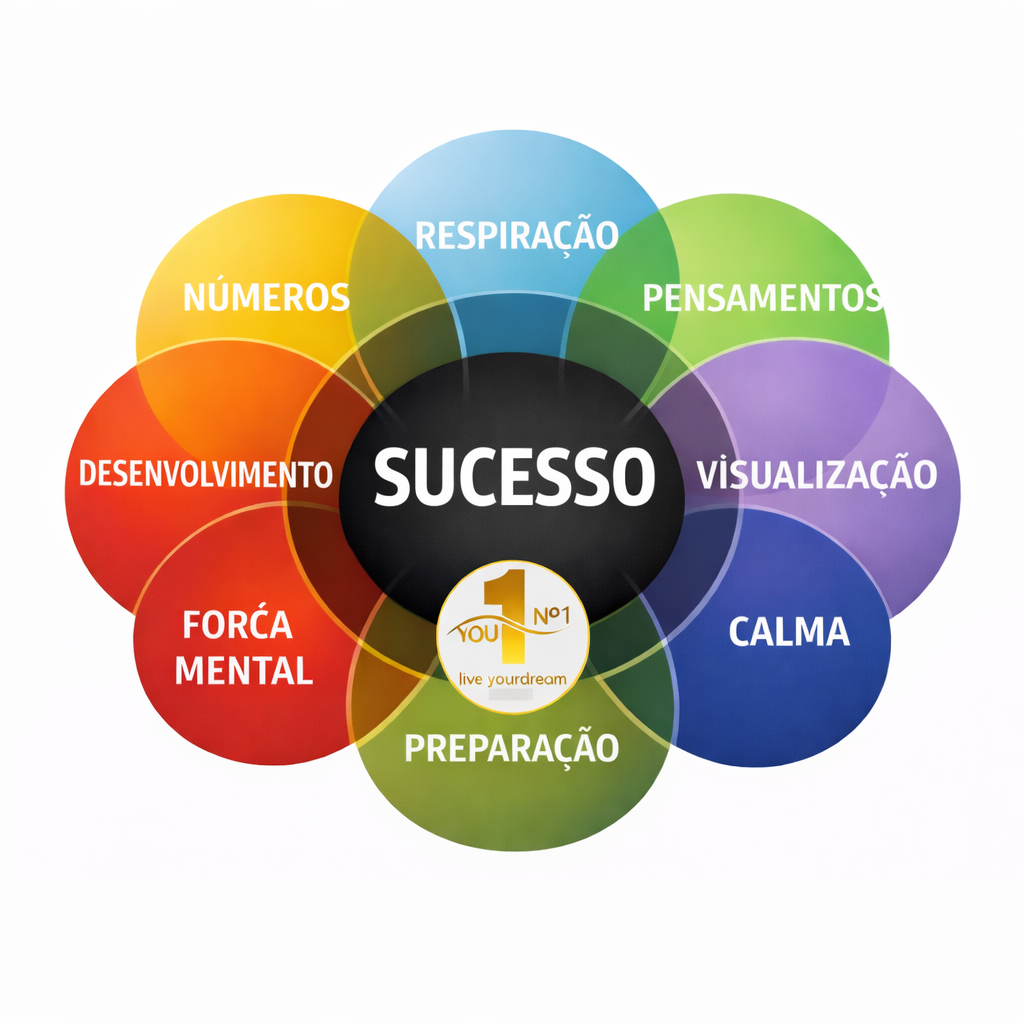 Gráfica do sistema F&Conhecimento: SUCESSO surge da interseção de números, respiração, pensamentos, visualização, calma, preparação, força mental e desenvolvimento.